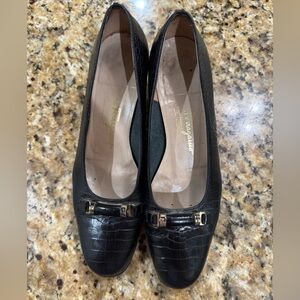 Salvatore Ferragamo Black Croc-Embossed Flats